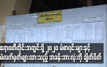 Embedded thumbnail for ဧရာဝတီတိုင်းအတွင်းရှိ မြို့နယ်အသီးသီးက၂၀၂၀မဲစာရင်းများနှင့် မဲလက်မှတ်များထားသည့် အခန်းအားလုံးကိုချိတ်ပိတ်