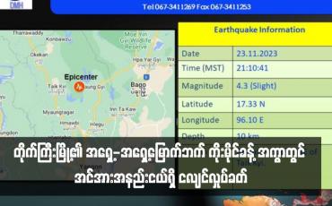 Embedded thumbnail for တိုက်ကြီးမြို့၏ အရှေ့-အရှေ့မြောက်ဘက် ကိုးမိုင်ခန့် အကွာတွင် အင်အားအနည်းငယ်ရှိ ငလျင်လှုပ်ခတ်ခဲ့