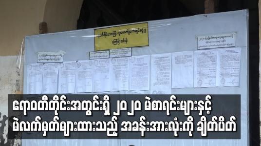 Embedded thumbnail for ဧရာဝတီတိုင်းအတွင်းရှိ မြို့နယ်အသီးသီးက၂၀၂၀မဲစာရင်းများနှင့် မဲလက်မှတ်များထားသည့် အခန်းအားလုံးကိုချိတ်ပိတ်