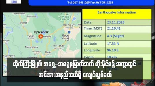 Embedded thumbnail for တိုက်ကြီးမြို့၏ အရှေ့-အရှေ့မြောက်ဘက် ကိုးမိုင်ခန့် အကွာတွင် အင်အားအနည်းငယ်ရှိ ငလျင်လှုပ်ခတ်ခဲ့